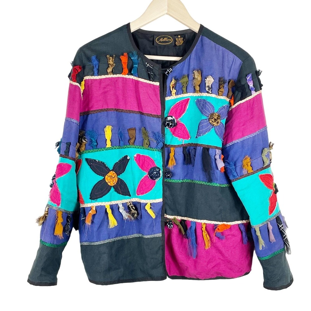 Vintage Allure Women's Black Multicolor Fringe Floral Jacket Size S Art to Wear
